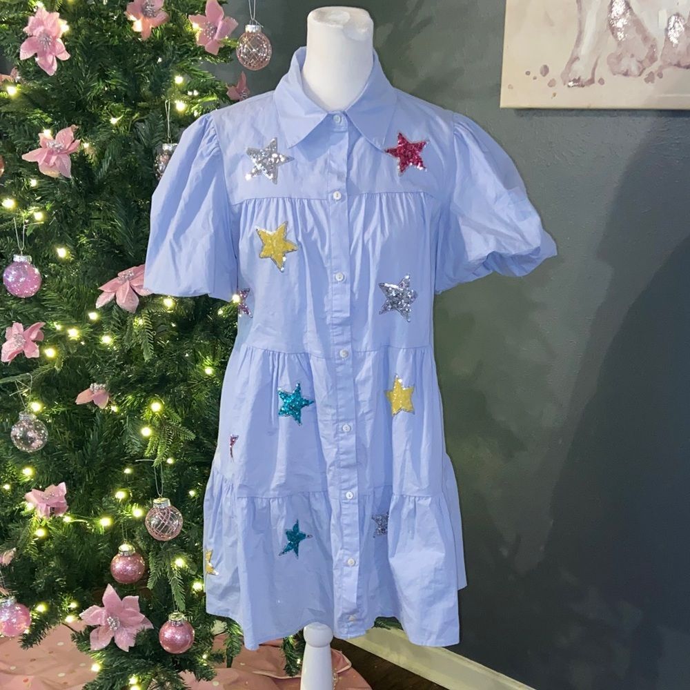 Peach Love California Light Blue Button-Up Dress with sequined stars